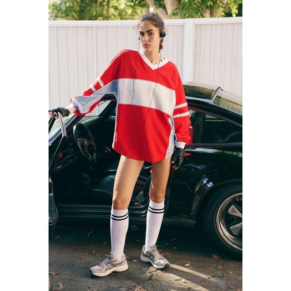 Free People Movement Rugby Ready Layer Red Combo 90s Boho Retro Oversized Sz XL - Picture 1 of 11